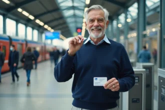 Retraité SNCF tenant son pass Carmillon devant les portiques d'une gare française
