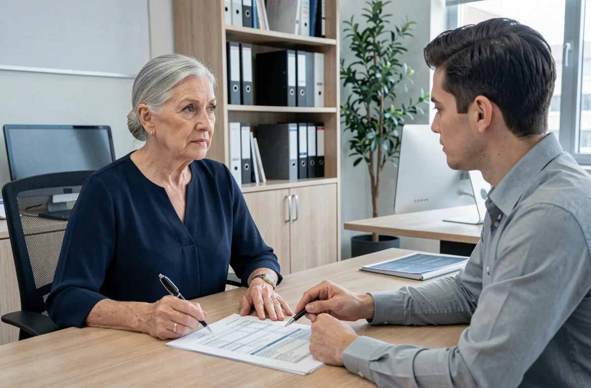 Femme retraitée en consultation avec un conseiller fiscal discutant de l'abattement de 10% sur la pension de retraite