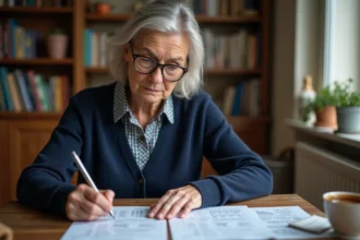 Retraitée qui examine ses relevés de pension Agirc-Arrco à la maison pour contester une baisse injustifiée