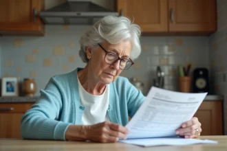 Femme retraitée lisant documents fiscaux à la maison