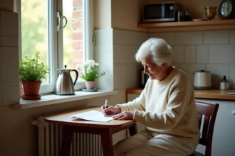 Femme retraitée lisant une lettre dans son appartement lumineux