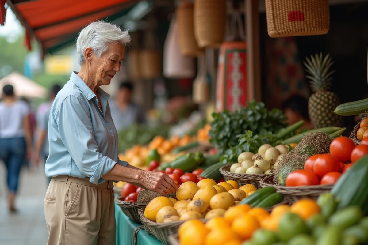 Retraitée occidentale faisant ses courses dans un marché local en Asie du Sud-Est, illustrant le faible coût de la vie à l'étranger