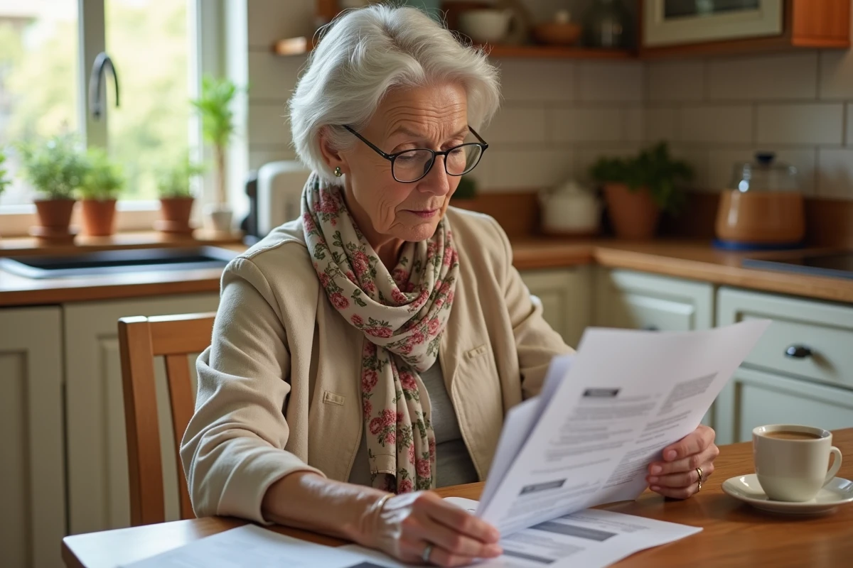 Femme retraitée consultant les documents de son pass Carmillon SNCF dans une cuisine