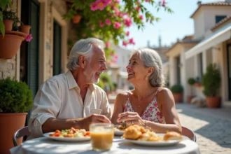 Couple de retraités profitant d'un repas dans un café en terrasse dans un village méditerranéen à faible coût de vie