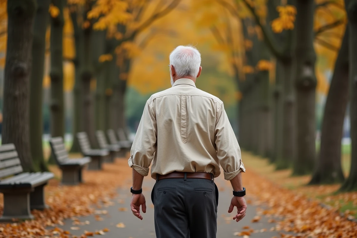 Homme âgé se promenant seul dans un parc en automne avec une montre connectée GPS au poignet, symbolisant l'autonomie et la sécurité des seniors