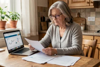 Femme senior consultant des documents financiers et un ordinateur portable pour comparer les prix et aides d'une téléassistance à domicile