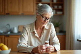 Une femme senior examinant deux flacons de compléments alimentaires multivitamines dans sa cuisine