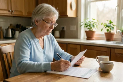 Une femme senior aux cheveux argentés révise ses documents financiers à la table de sa cuisine, symbolisant l'autonomie et la gestion du budget à domicile