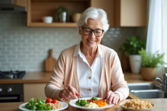 Femme senior arrangeant ses portions de légumes et protéines