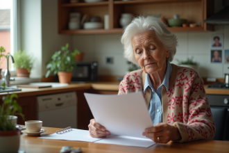 Femme senior lisant une lettre de pension dans sa cuisine chaleureuse
