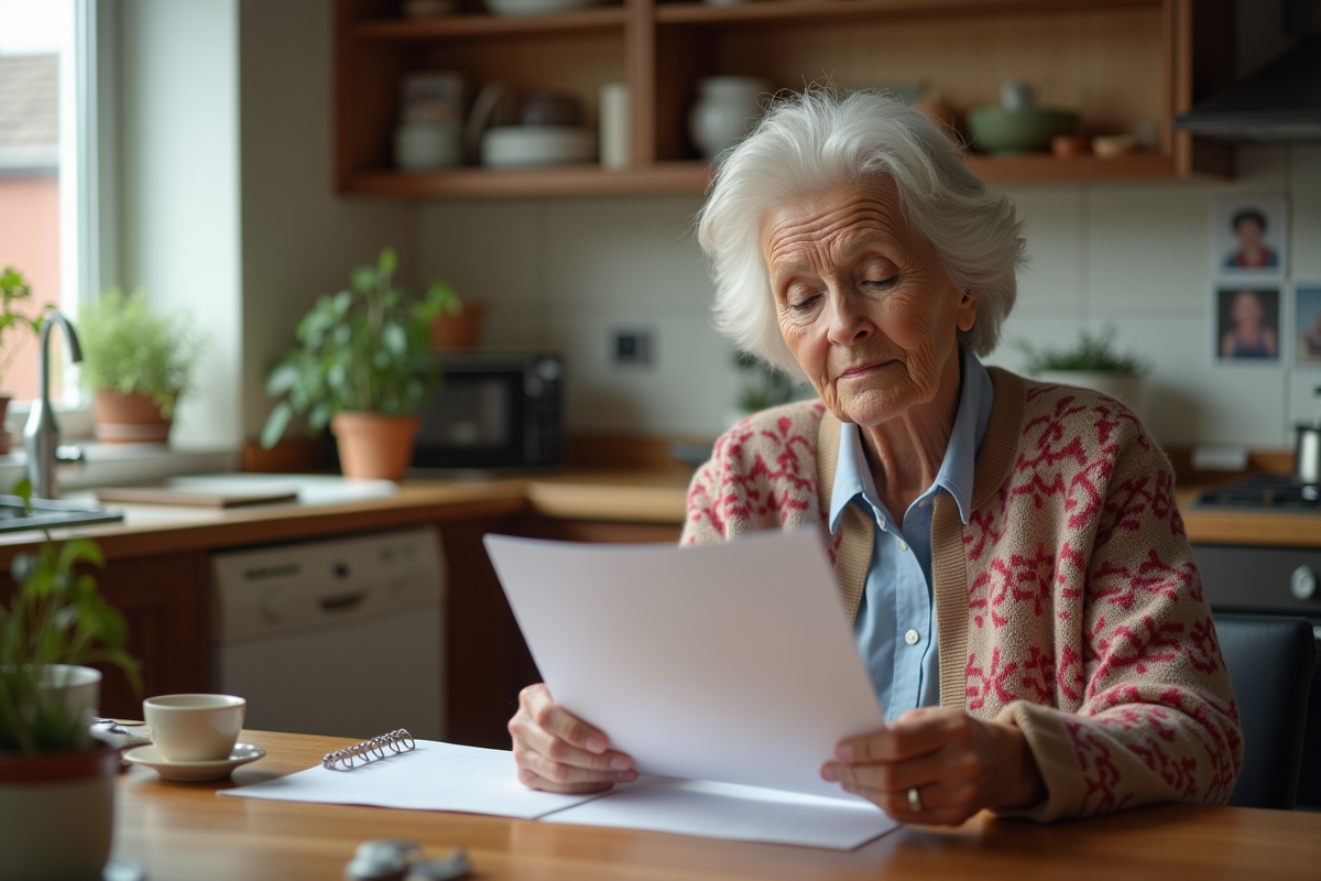 Femme senior lisant une lettre de pension dans sa cuisine chaleureuse