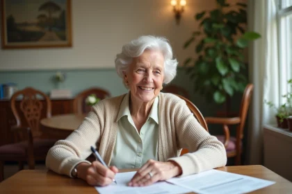 Femme senior souriante lisant des documents à la maison