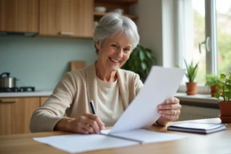 Femme senior souriante consulte des papiers dans sa cuisine