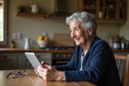 Senior femme de 70 ans consultant un site d'activités Quintonic sur une tablette dans une cuisine française