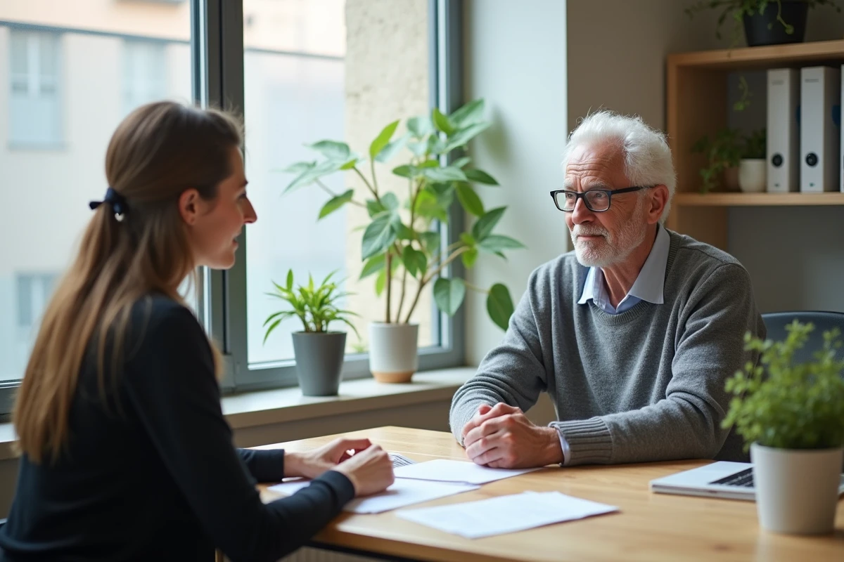 Senior homme discutant avec une conseillère d'un centre communautaire à Lyon pour comprendre Quintonic