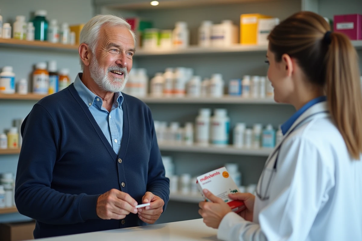 Un homme âgé consultant une pharmacienne pour choisir entre RITONIC et des multivitamines classiques