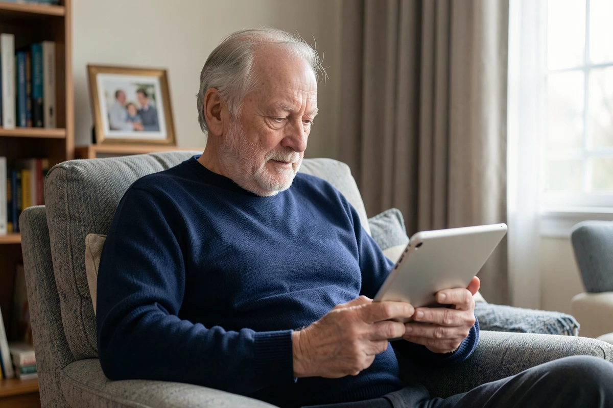Un homme senior utilise une tablette numérique dans son salon pour gérer ses finances et rester autonome à domicile