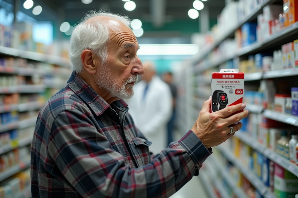 Homme âgé lisant attentivement l'emballage d'une montre SOS en pharmacie avant de l'acheter