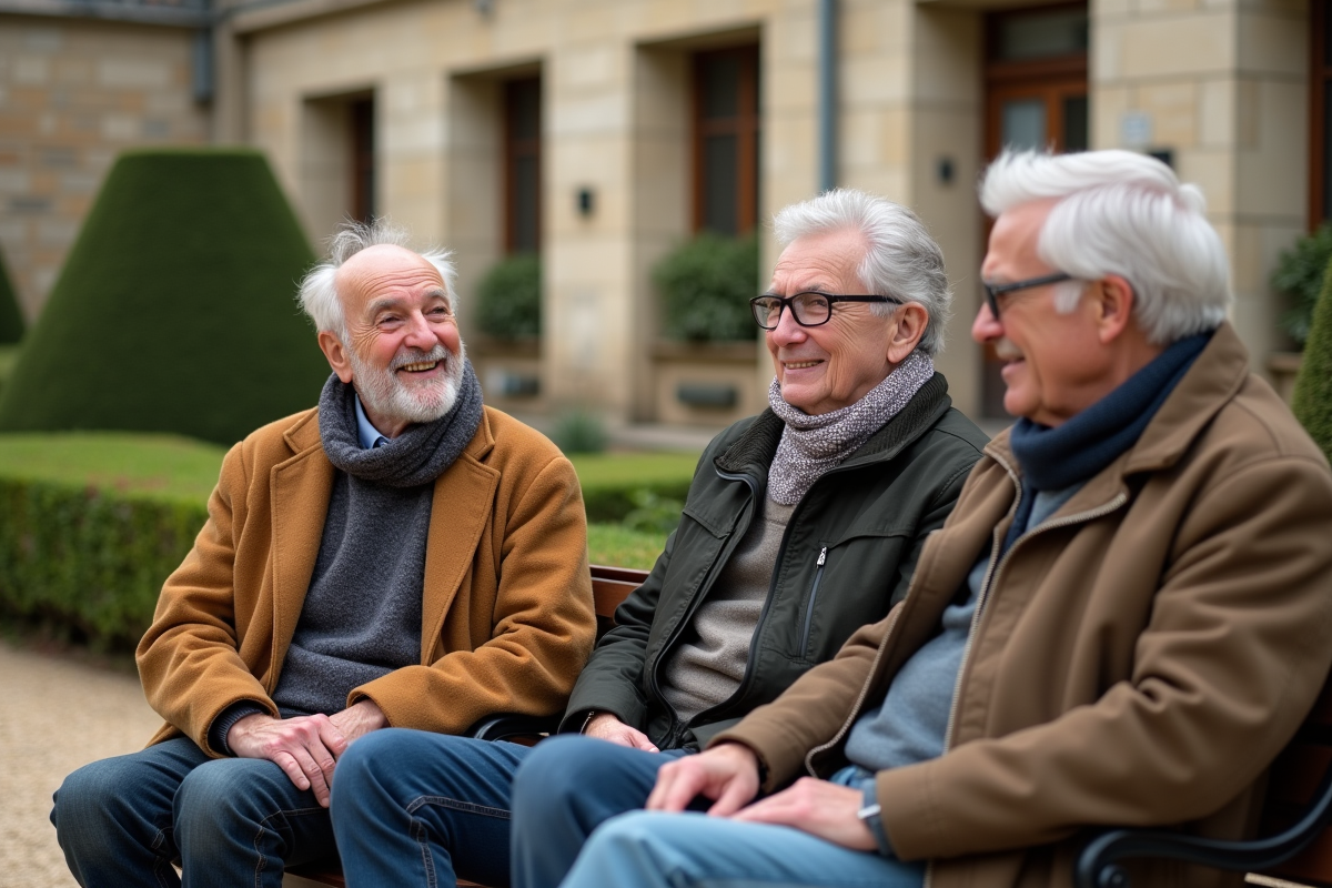 Groupe de seniors discutant sur un banc dans un parc