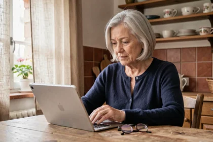Personne âgée consultant une plateforme de coordination des soins à domicile sur une tablette dans sa cuisine