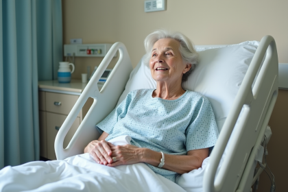 Femme âgée souriante dans son lit d'hôpital confortable