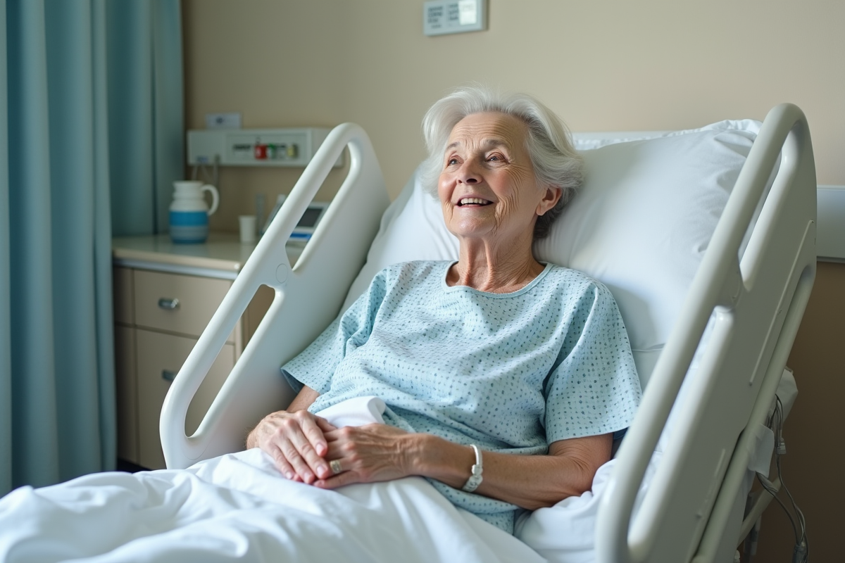 Femme âgée souriante dans son lit d'hôpital confortable