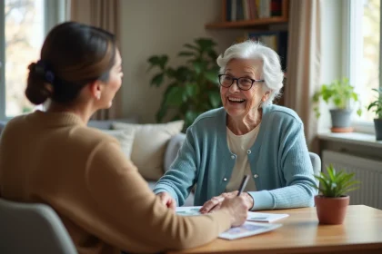Seniore souriante avec sa fille dans un salon lumineux