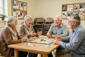 Groupe de seniors jouant à un jeu de société dans une salle communautaire, activité conviviale à petit budget pour retraités