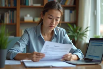 Femme consultant un simulateur d'éligibilité aux chèques vacances sur son bureau à domicile