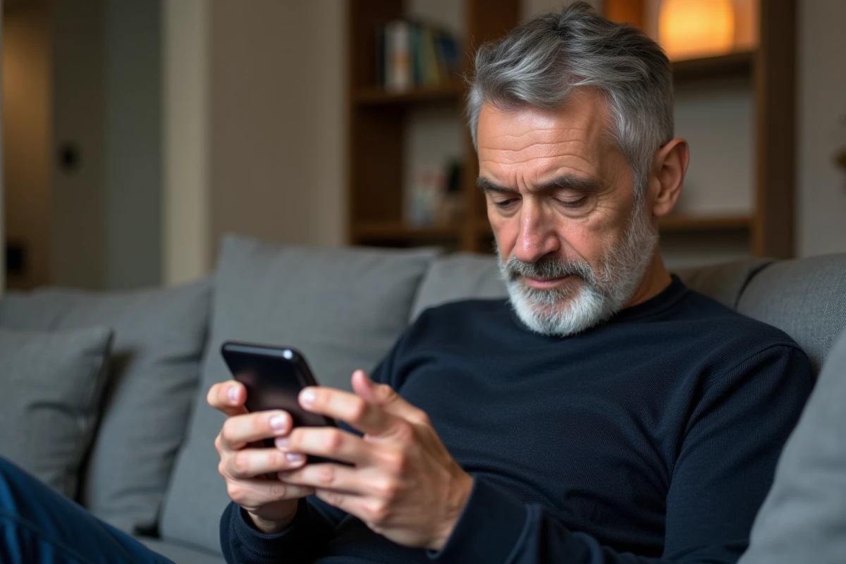 Homme retraité rédigeant un SMS court pour féliciter un collègue de son départ à la retraite depuis son salon moderne