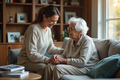 Femme aidante aidant sa mère âgée dans un salon lumineux