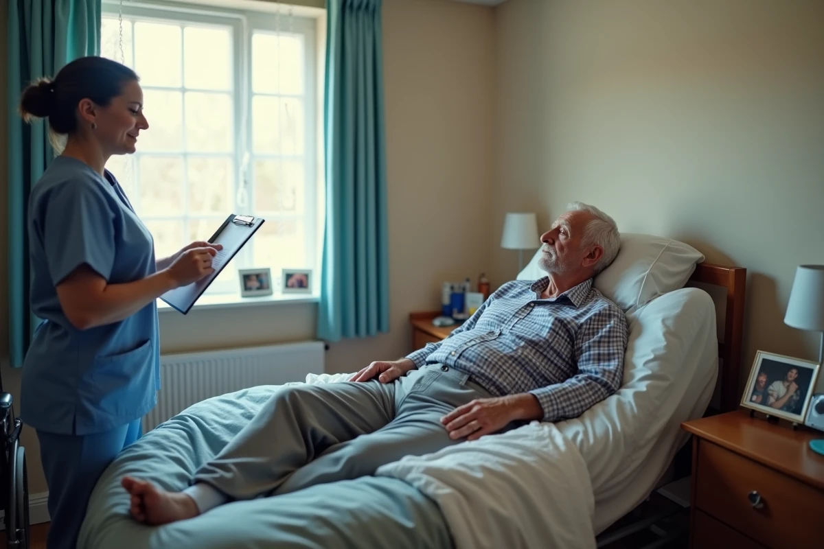 Aide soignant auprès d un patient âgé dans une chambre
