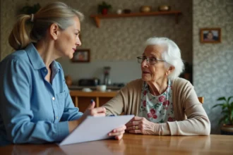 Femme âgée parlant avec une assistante sociale dans la cuisine