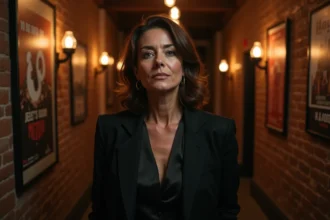 Chanteuse Stone en coulisses d'un concert, portrait éditorial en noir et blazer classique