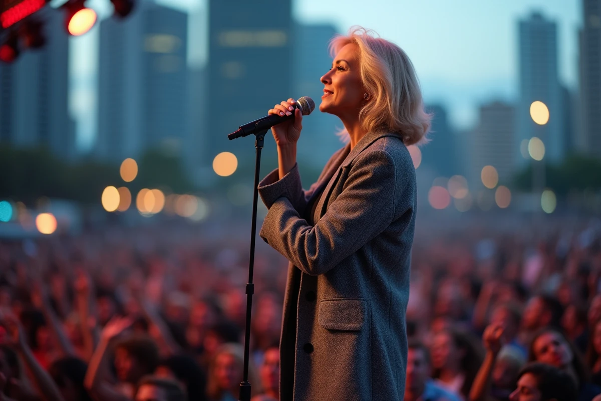 Stone chanteuse sur scène en plein air lors d'un concert, foule en arrière-plan flou