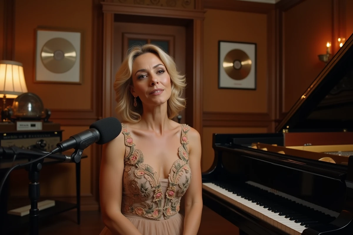 Stone chanteuse assise au piano dans un studio d'enregistrement vintage avec disques d'or au mur