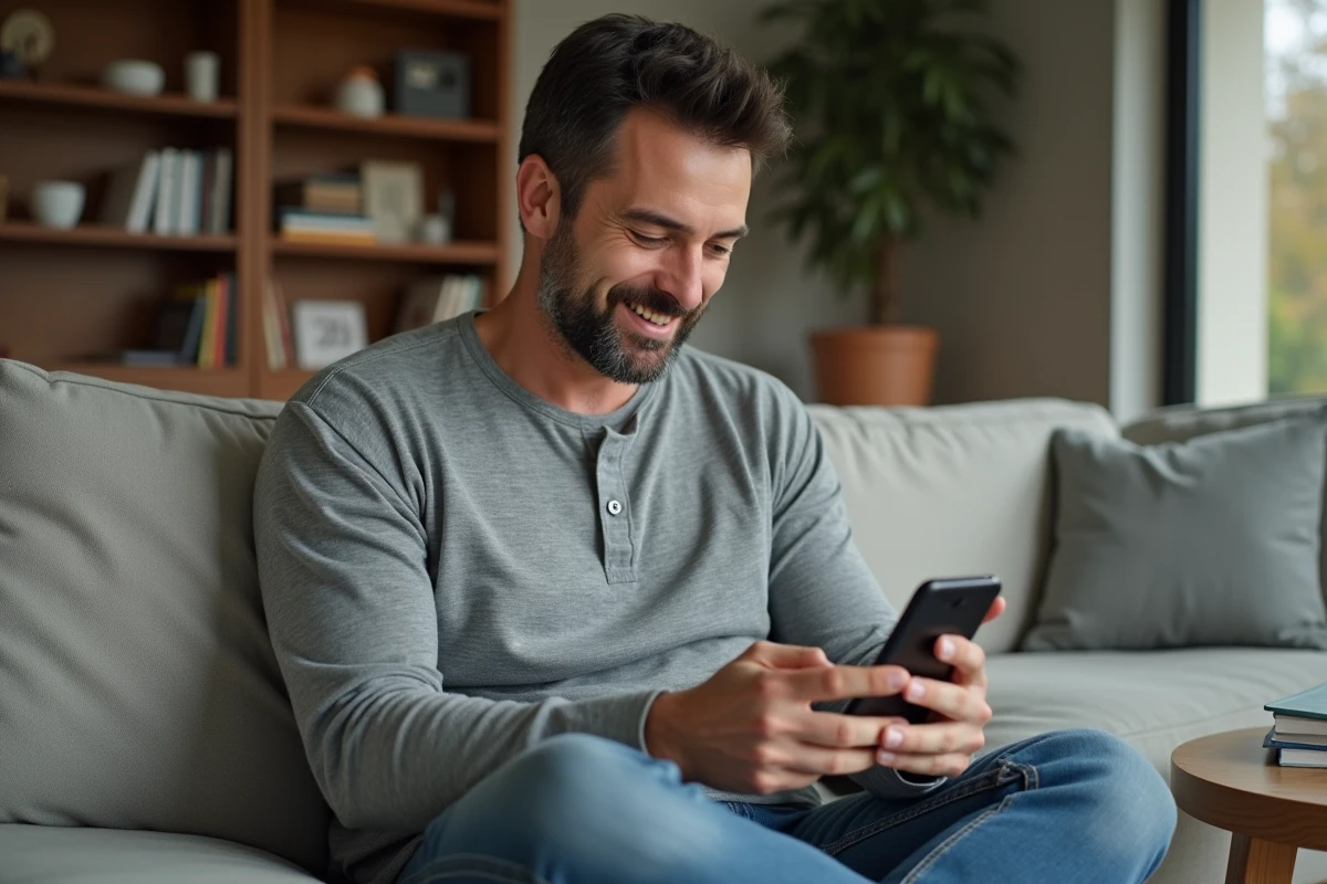Homme adulte consultant une application de géolocalisation sur smartphone pour suivre un proche senior portant une montre GPS, dans un salon moderne