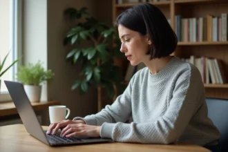 Femme téléchargeant l'application Mon Proxima sur son ordinateur portable dans un bureau à domicile