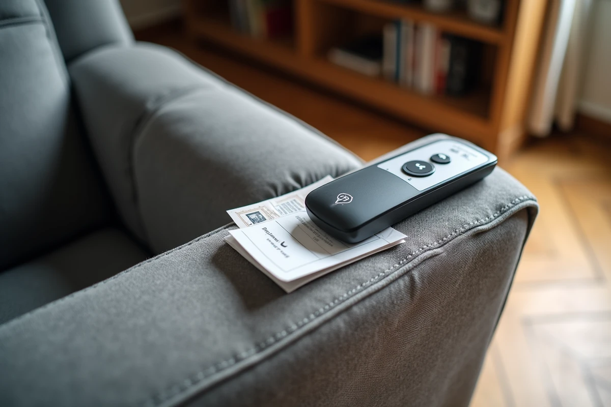 Gros plan sur la télécommande et le tissu d'un fauteuil releveur électrique avec un document de remboursement Sécurité sociale visible