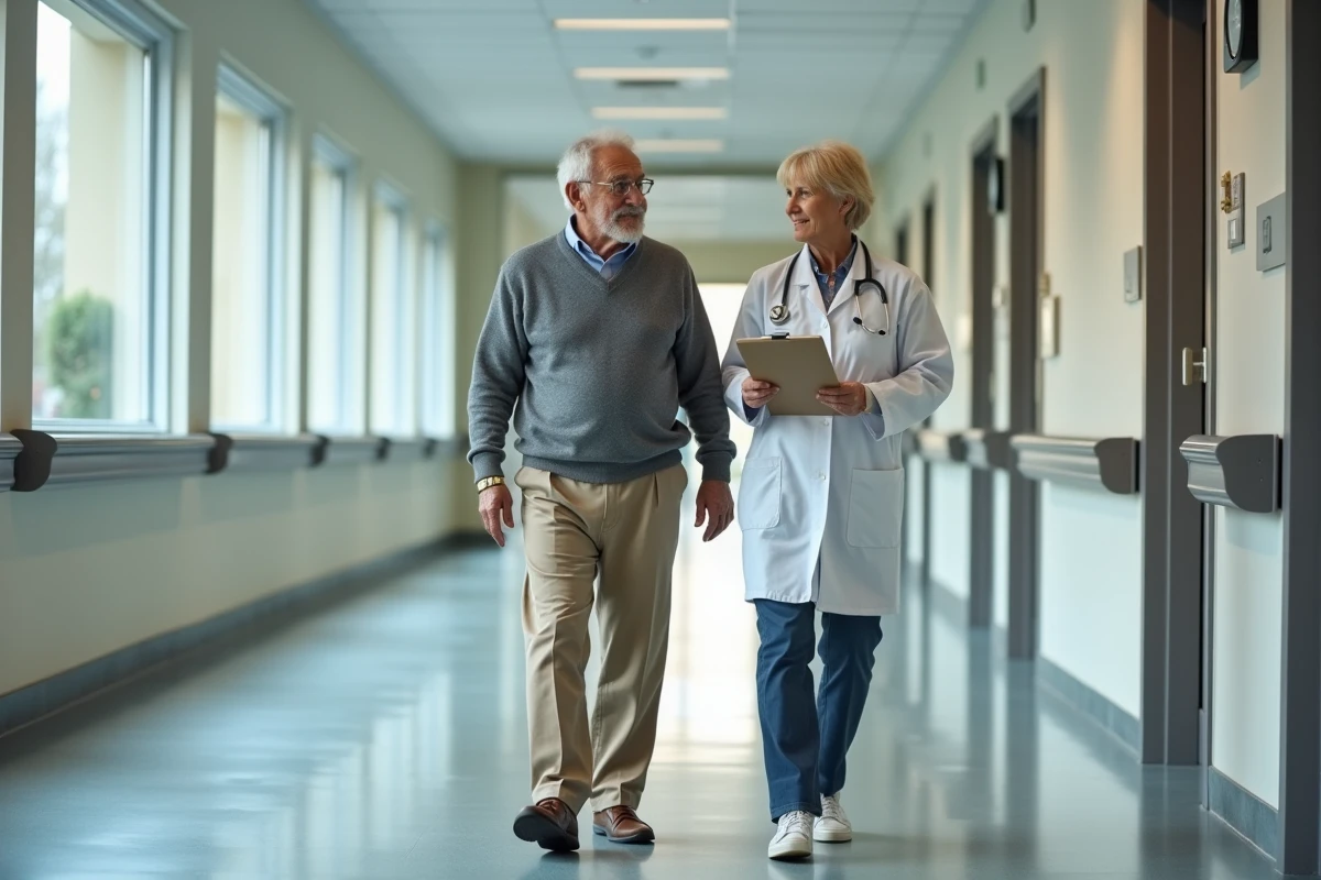 Patient âgé réalisant un test de marche et d'équilibre Tinetti dans le couloir d'un établissement gériatrique