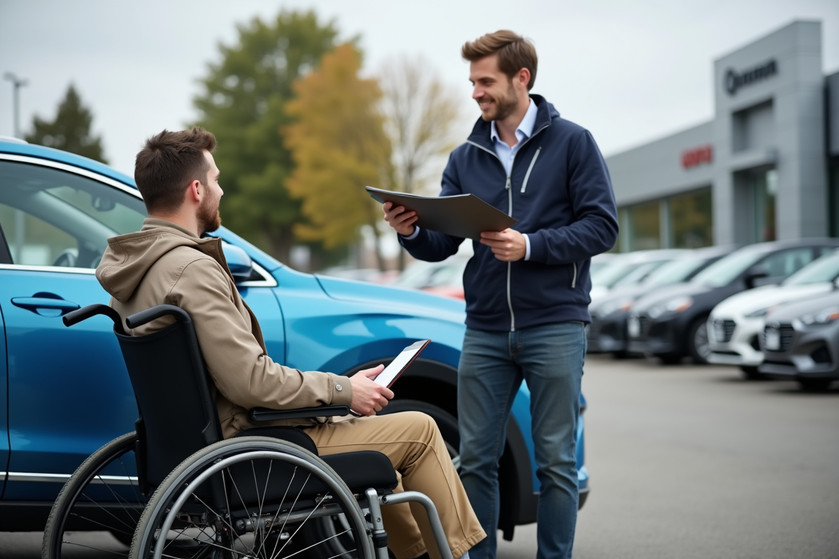 Jeune homme en fauteuil devant une voiture en concession