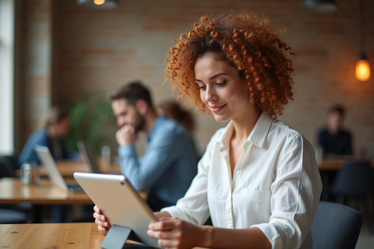 Jeune femme finalisant la vérification de son compte Mon Proxima sur tablette dans un espace de coworking
