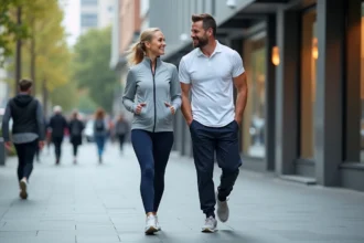 Homme et femme d'âge moyen marchant côte à côte sur un trottoir urbain, illustrant la comparaison de vitesse de marche entre hommes et femmes