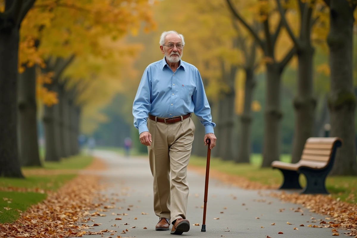 Homme âgé marchant seul dans un parc en automne avec une canne, illustrant la vitesse de marche réduite chez les seniors