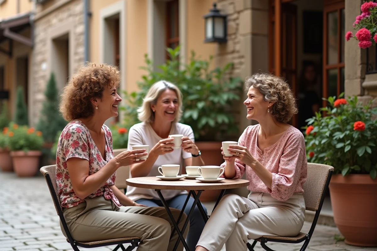 Voyageuses solo de 50 ans qui se retrouvent en terrasse d'un café dans un village européen